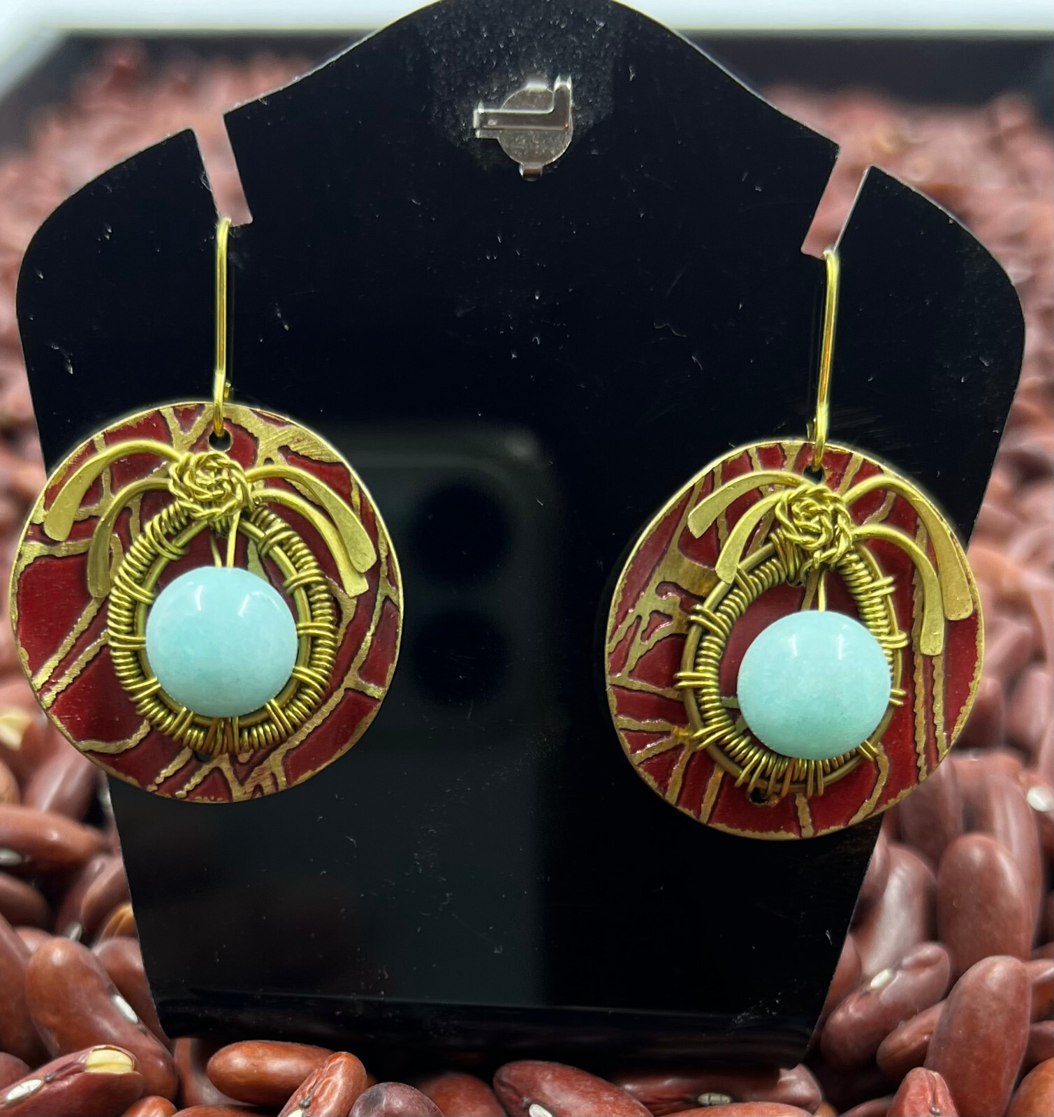 Nickel Free – Red Electroplated Brass Earring w/ Turquoise Cabochon Stone Bead