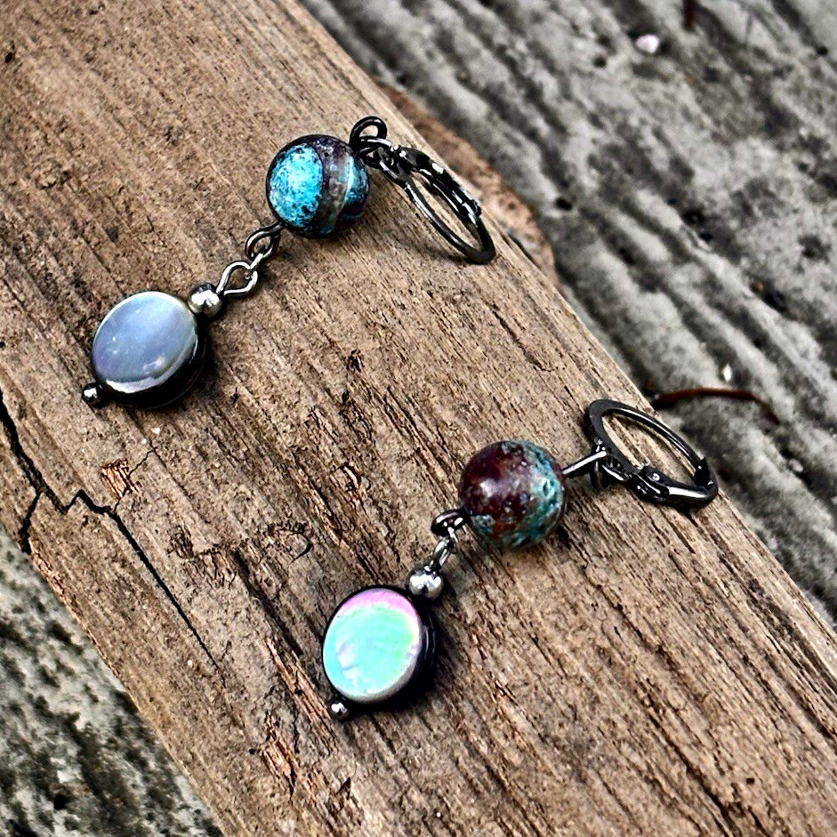 Silver Tone Opal Dangle Drop Earrings Hook Closure Round Black Blue White