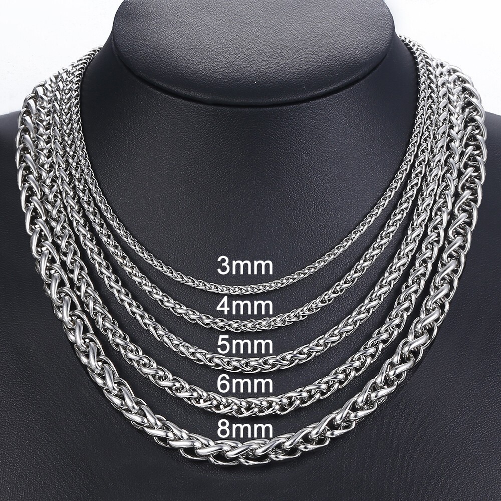 3/4/5/6/8mm Wheat Spiga Chain Stainless Steel Necklace Gold/Silver Men Link