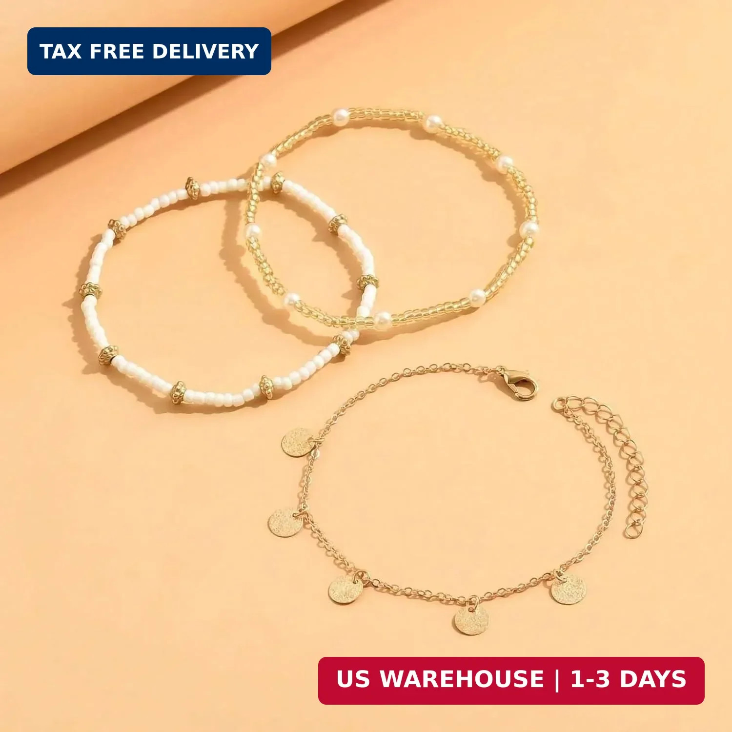 Qceasiy Shell Ankle Bracelet Set for Women, Gold Plated Boho Bead Adjustable Ank