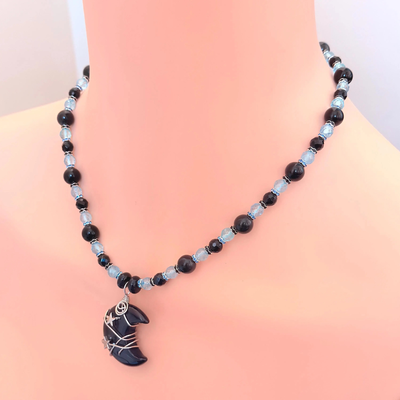 Crescent Stone Wire-Wrapped Pendant | Onyx and Topaz Gemstone Necklace