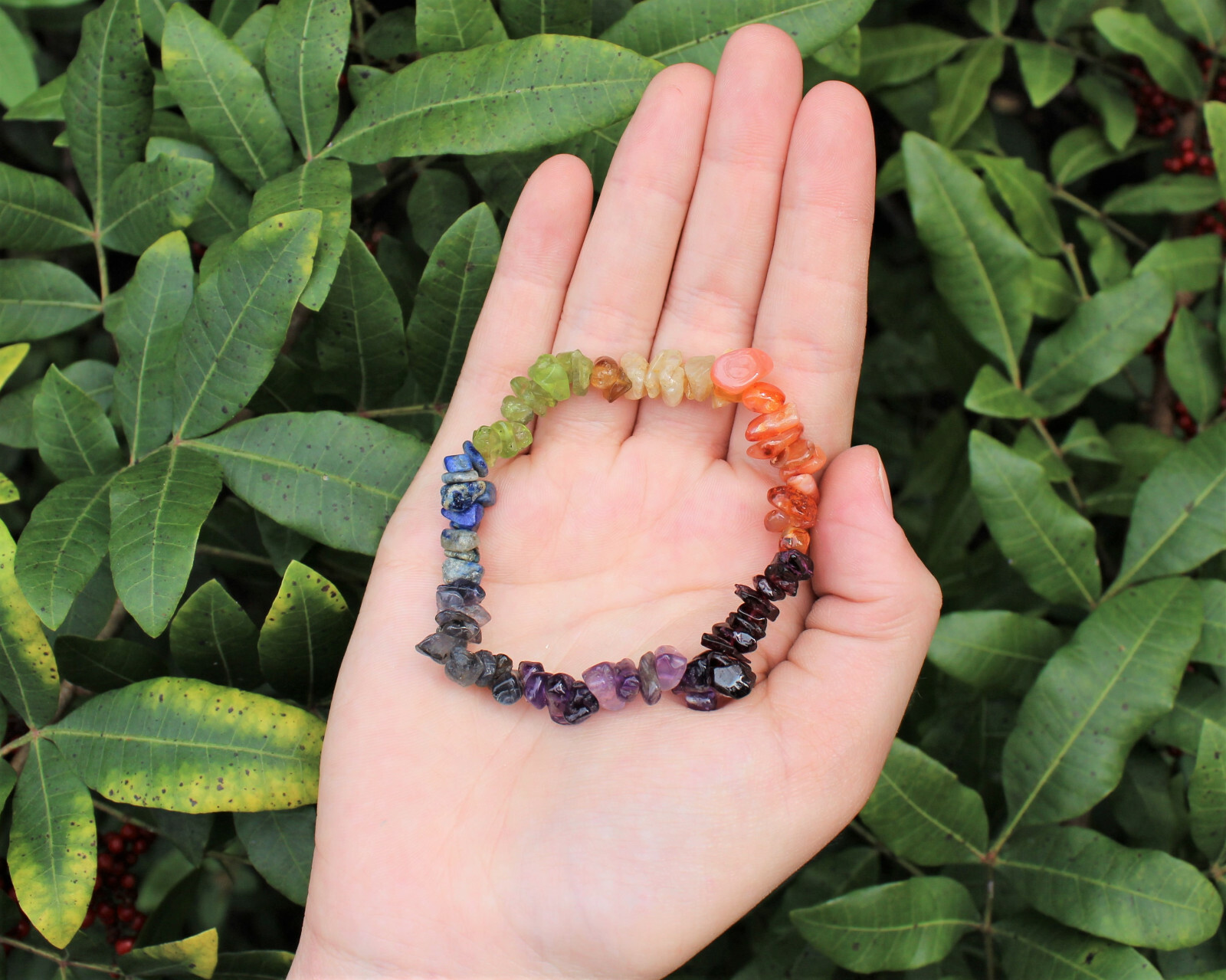 7 Chakra Chip Gemstone Bracelet, Stretch : Raw Crystal Healing US SELLER