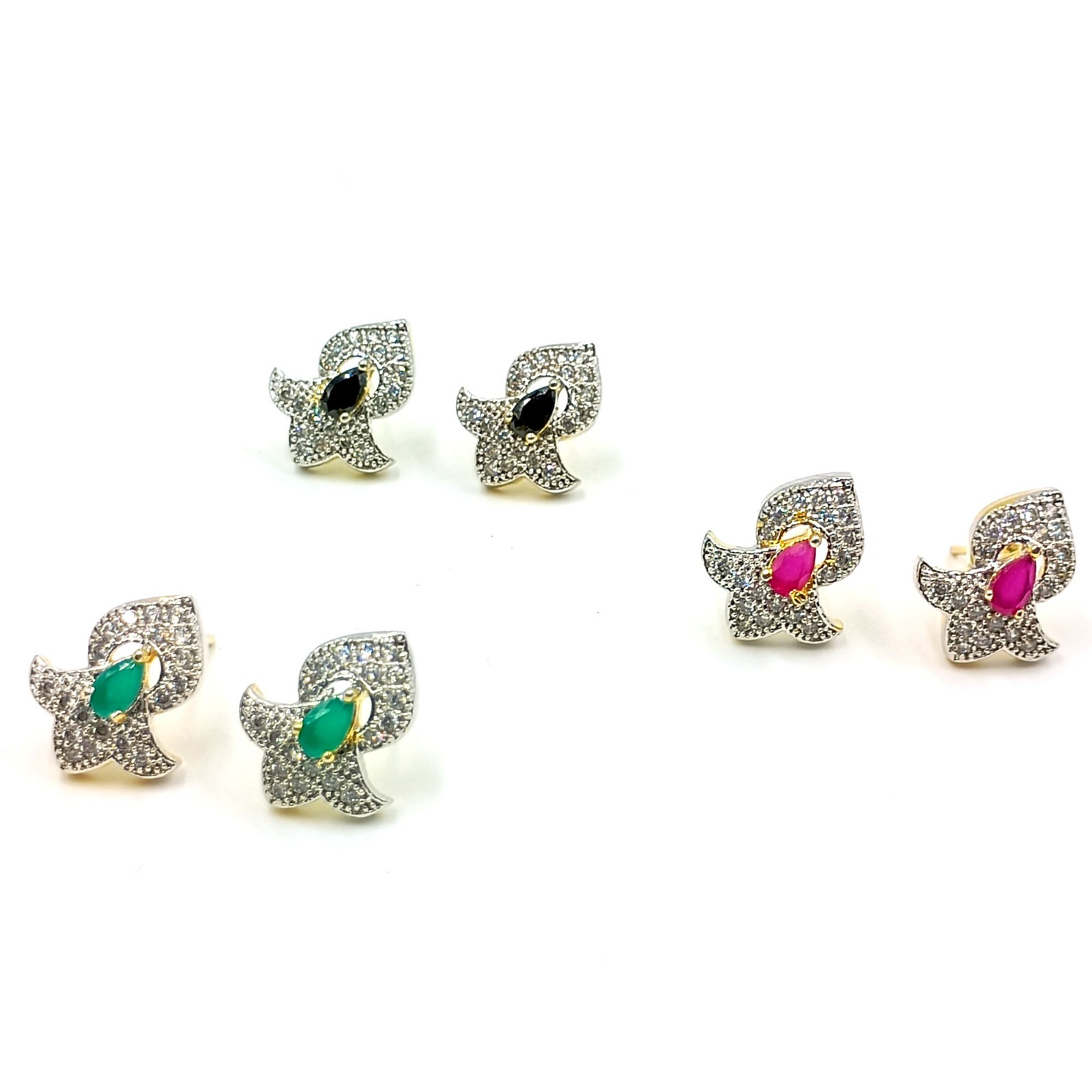Gold Plated Stud Earrings Ruby Emerald Black Onyx CZ South Indian Wedding Style