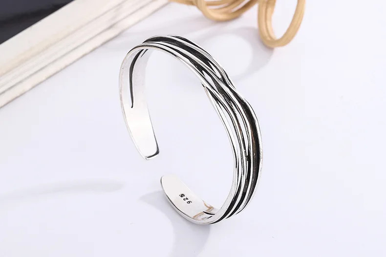 Retro Wave Bracelet 925 Sterling Silver Braided Bangle Geometric Opening Cuff