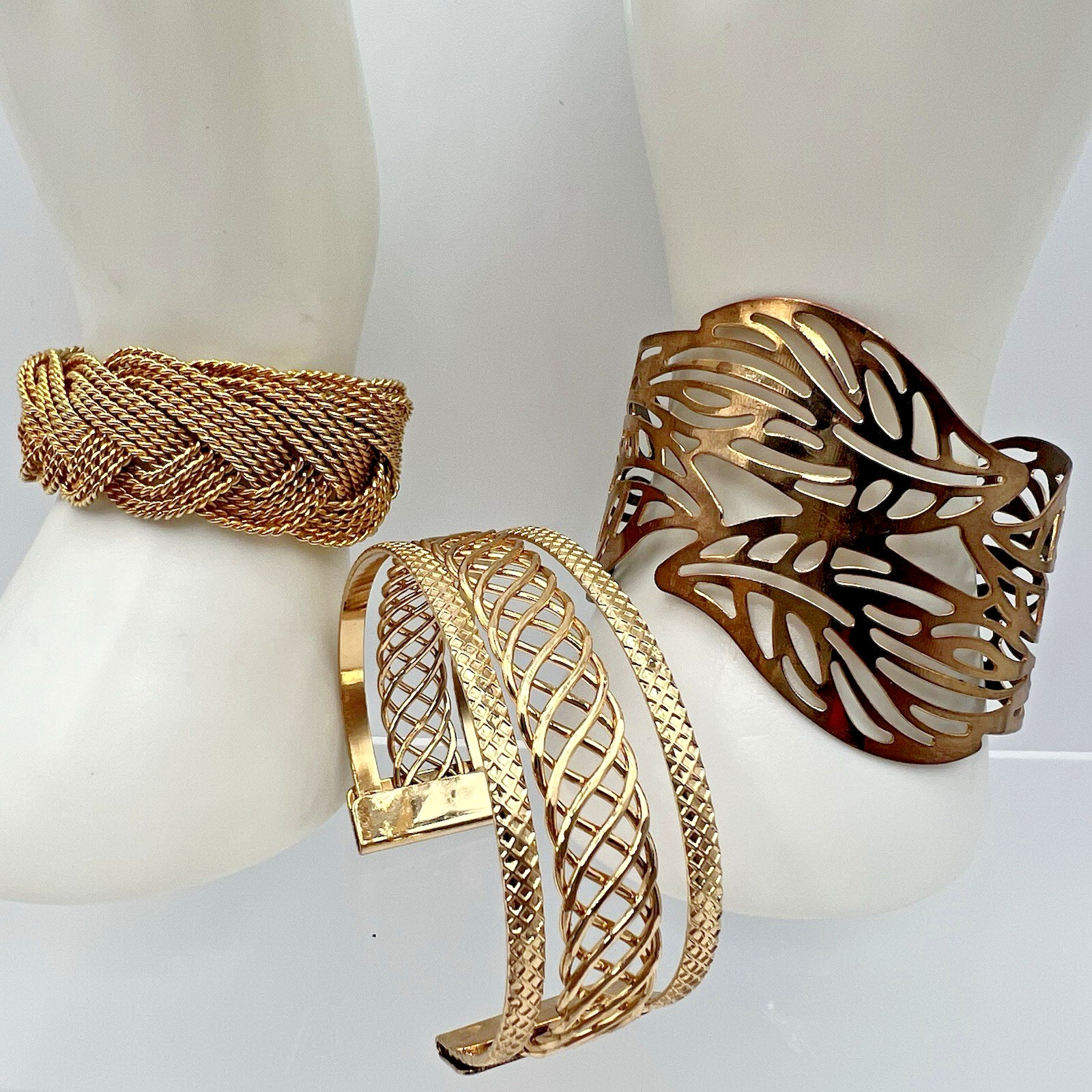 Wide Cuff Bracelet Lot Gold Tone Mesh Copper Openwork Statement Trio Bold Chunky