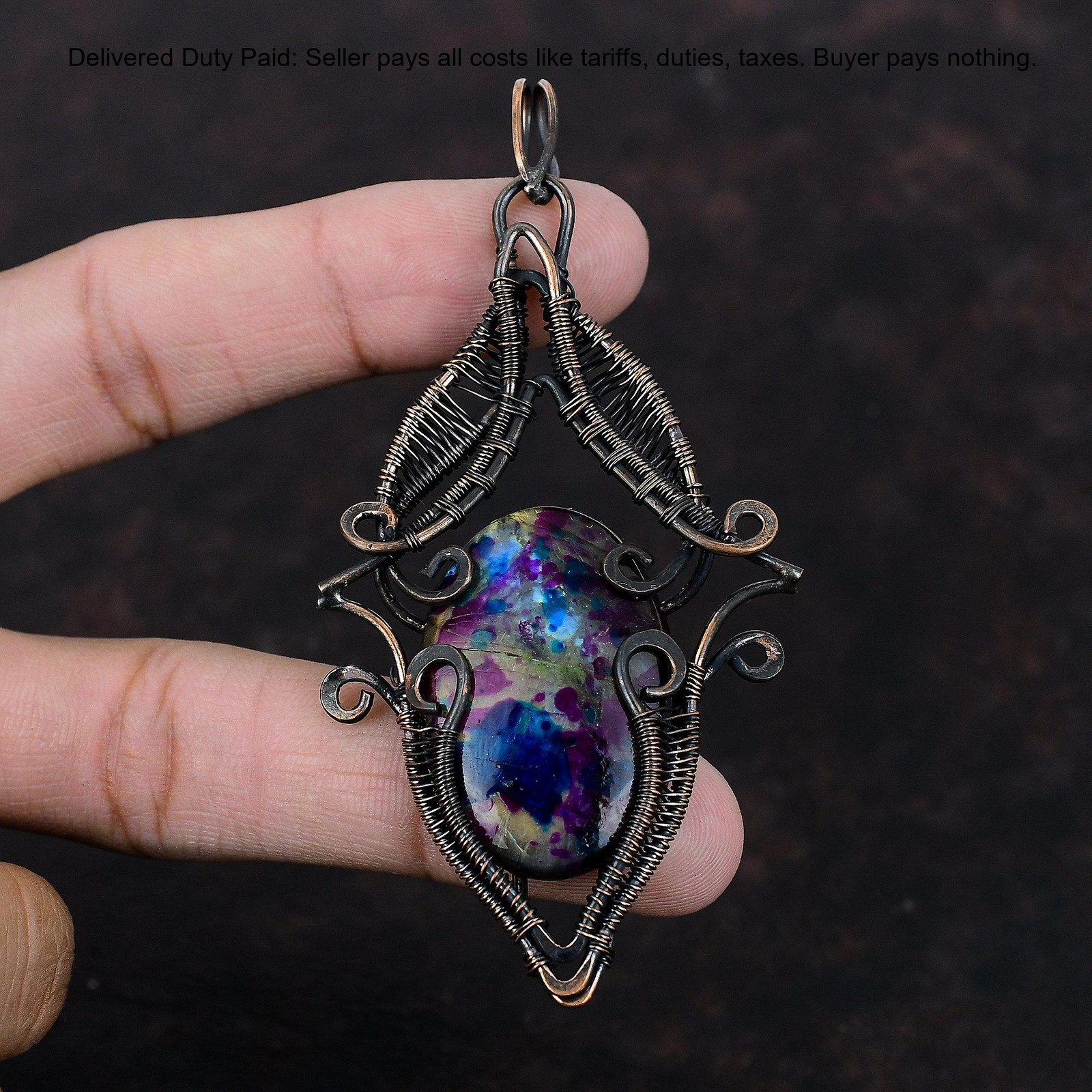 Copper Oval Natural Multi Fire Labradorite Wire Wrapped Mother Designer Pendant
