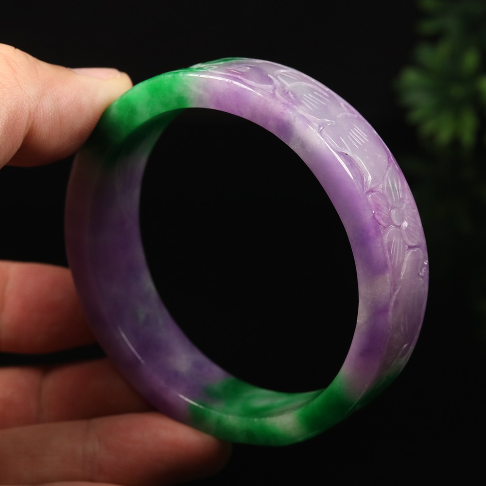 60mm Lavender Purple Green Jadeite Jade Bangle Bracelet Ruyi Flower Bat A-15045