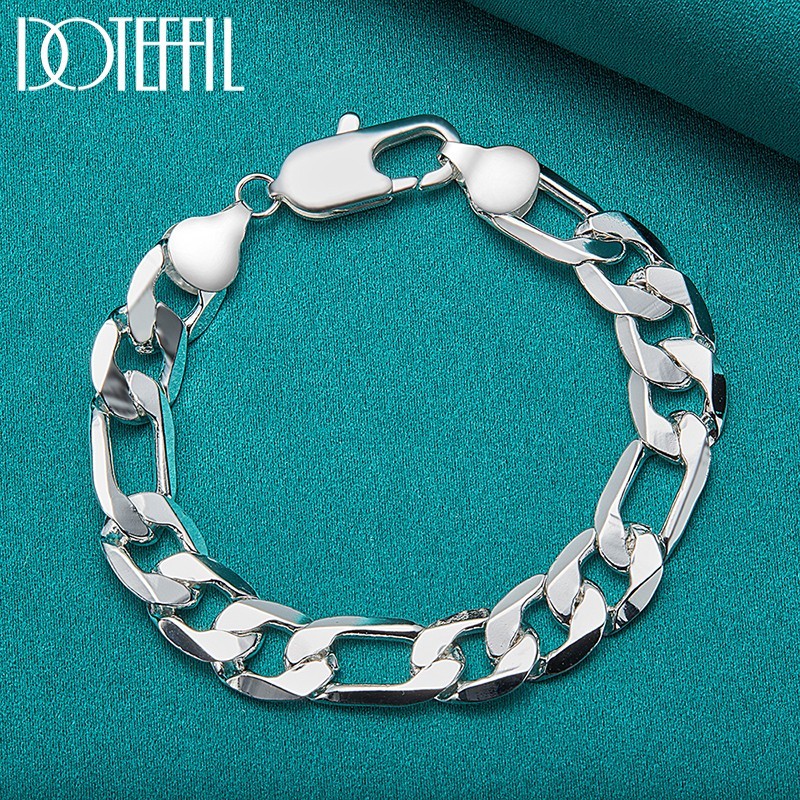 12MM Sterling Silver Bracelet Men 925 Side Chain Fashion Party Jewelry 8 inch