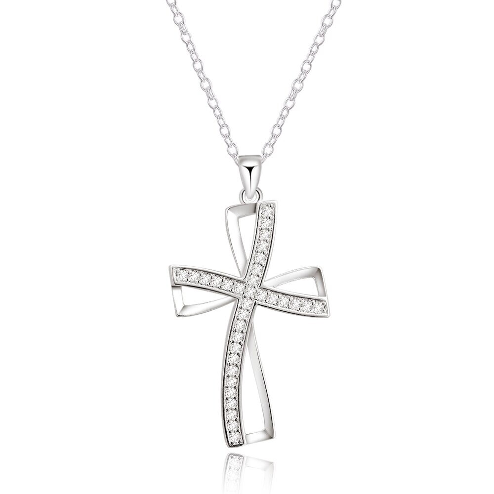 Ladies Necklace Silver Tone Chain With Double offset Cubic Zerconia Cross