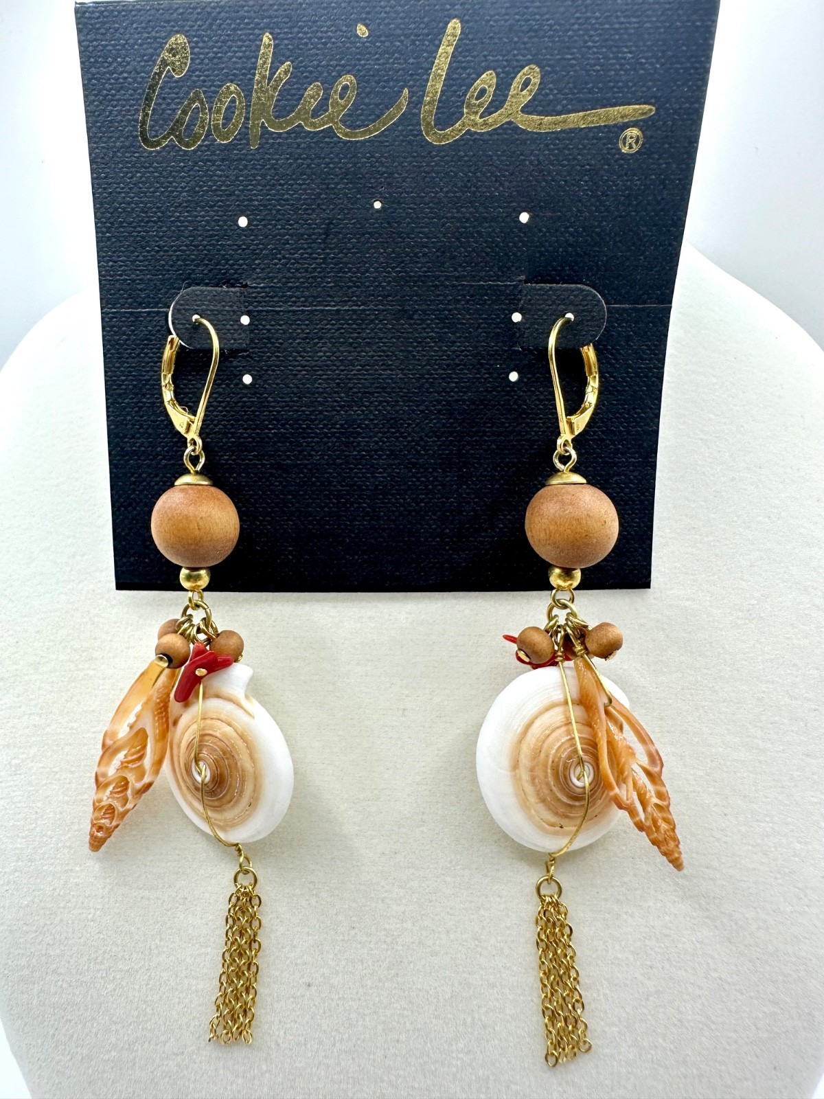 🐚🪸Cookie Lee Genuine Shell & Red Coral Gold Tone Tassel Earrings NWT #82235
