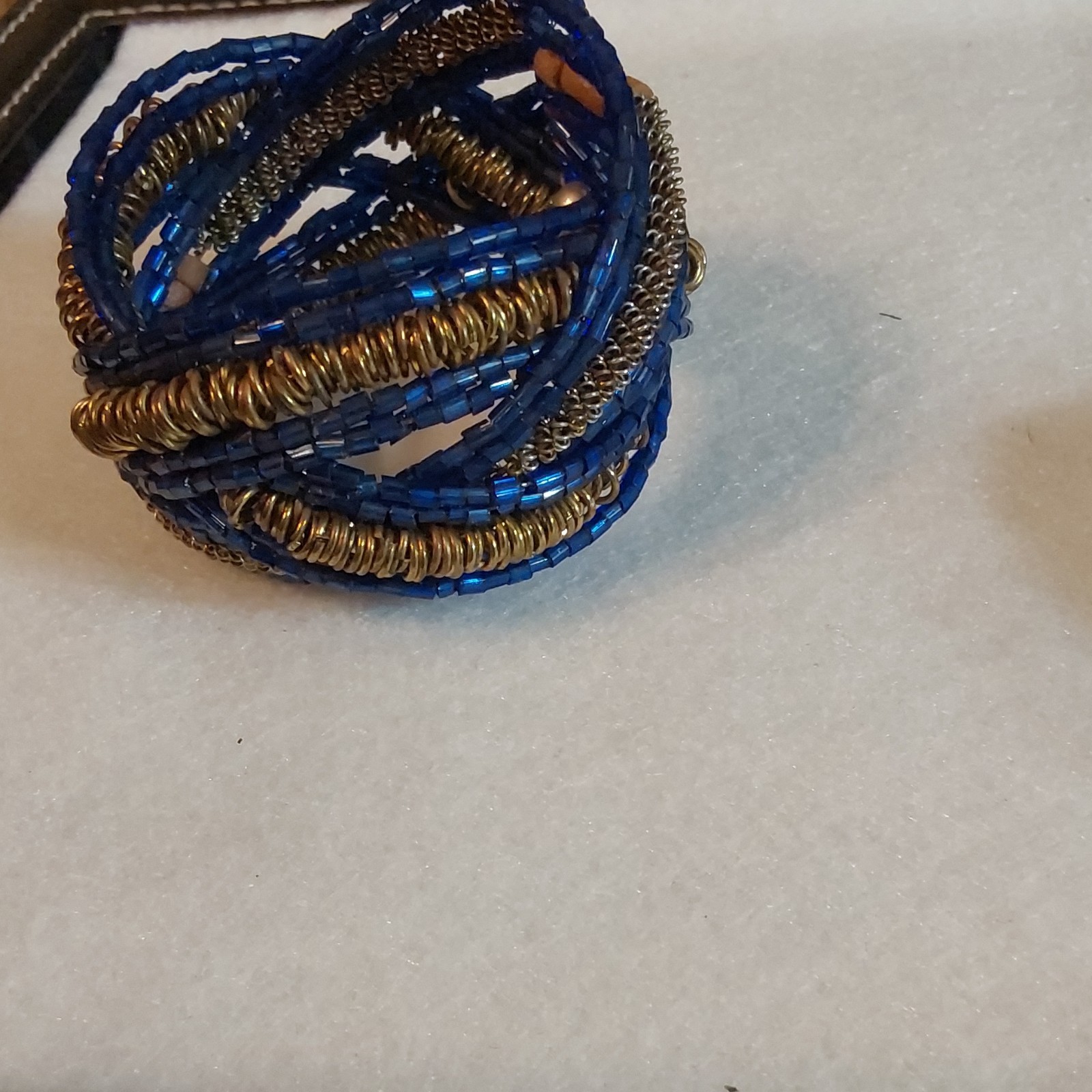 Blue Gold Tone Glass Beaded Wrap Bracelet Slip-On Metal Wire Accents