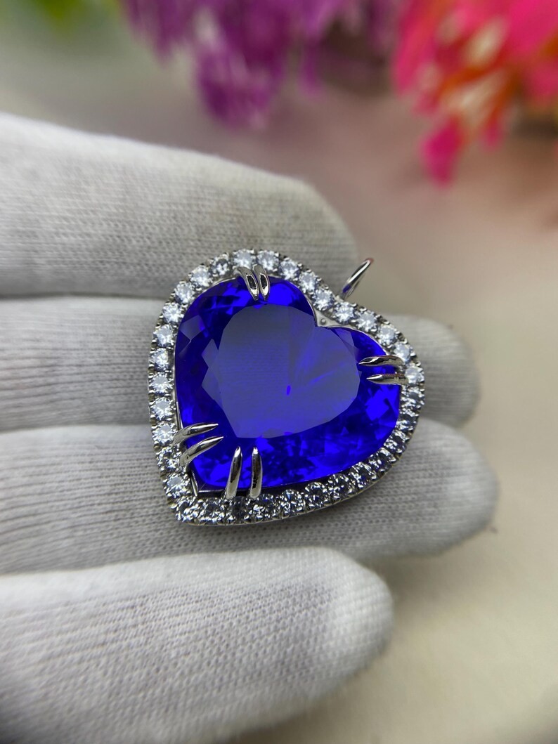14K White Gold Plated Halo Heart Charm Pendant 3.12 Ct Heart Simulated Sapphire