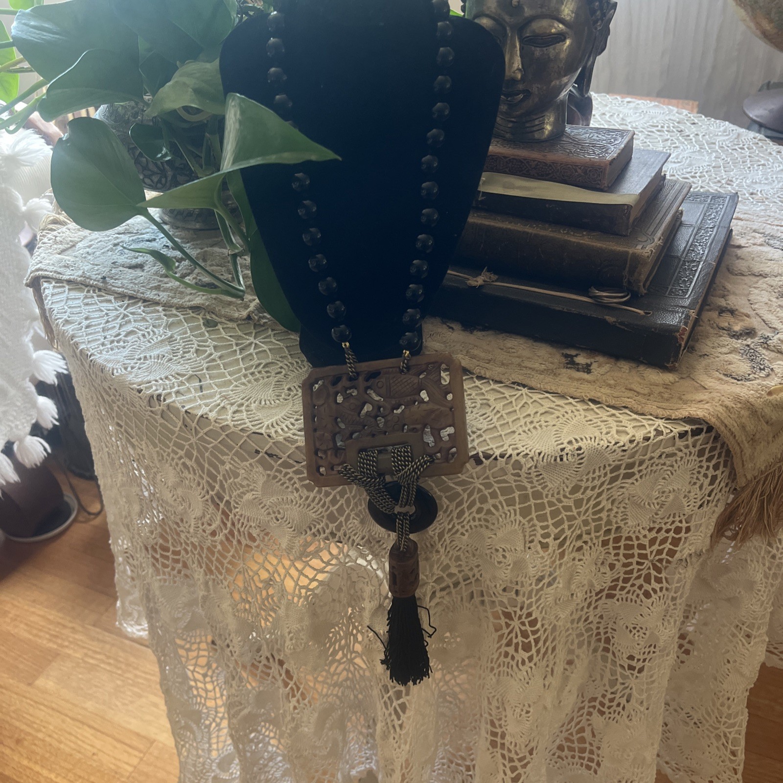 Heidi Daus Asian Design Chinoiserie Necklace Onyx Beads Carved Pendant Tassel