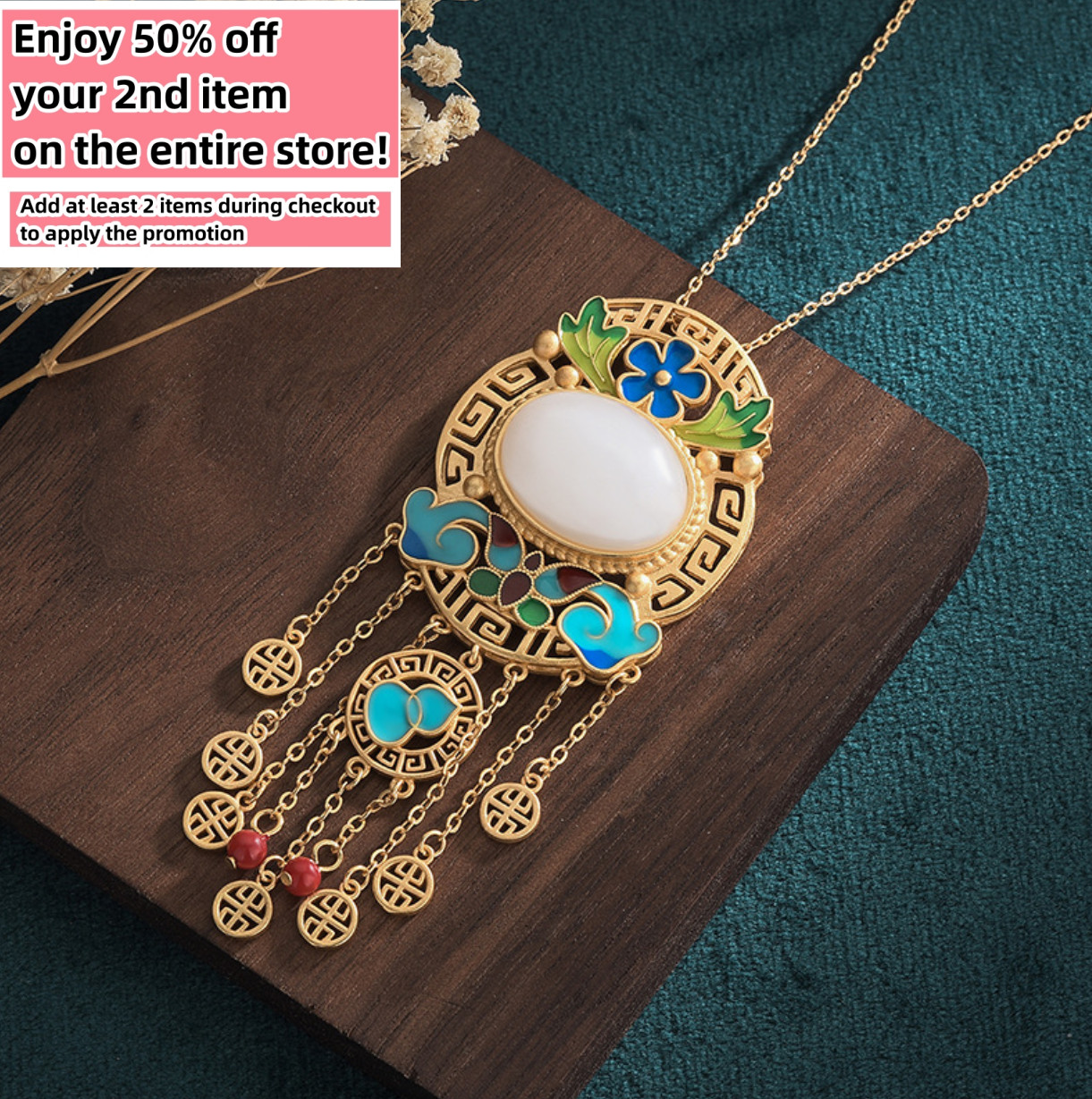 Jade Retro Pendant Necklace Charm 18K Gold Plated Chain Ethnic Dainty Gemstone