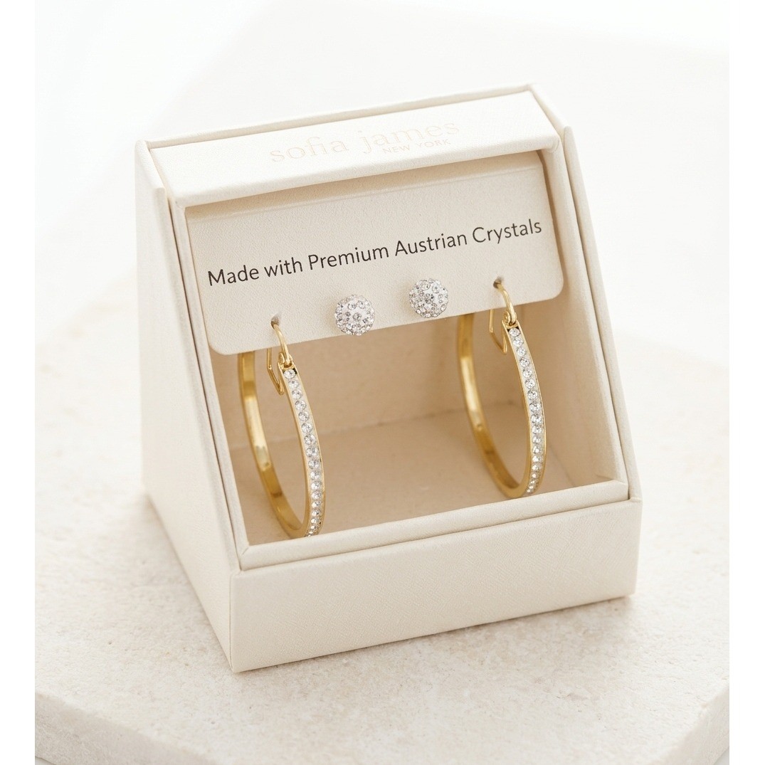 Sofia James New York Austrian Crystal Earring Set Gold Tone Hoops and Studs -New