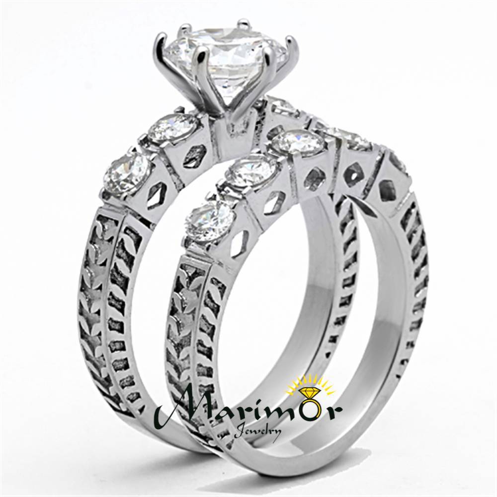 3.10 Ct Round Cut Zirconia Stainless Steel 316 Wedding Ring Band Set Sz 5-10