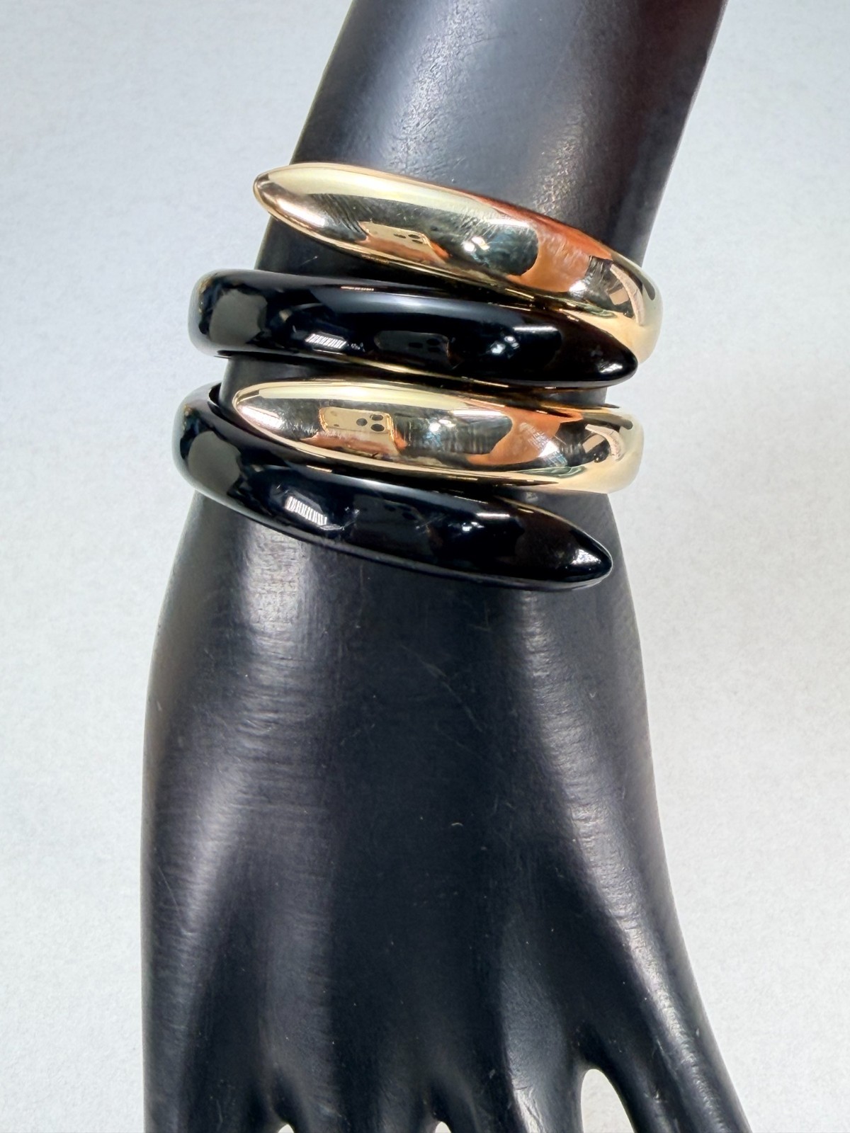 Bold Black Gold Tone Hinged Clamp Bracelet Modern Statement Cuff