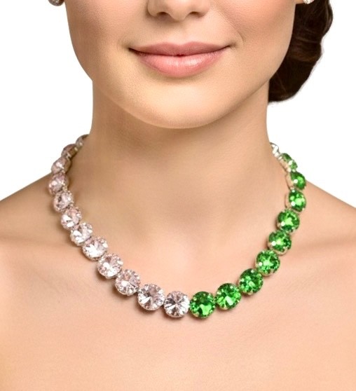 Elegant Classic Evening One Strand Necklace Earrings Set Pink & Green Crystals