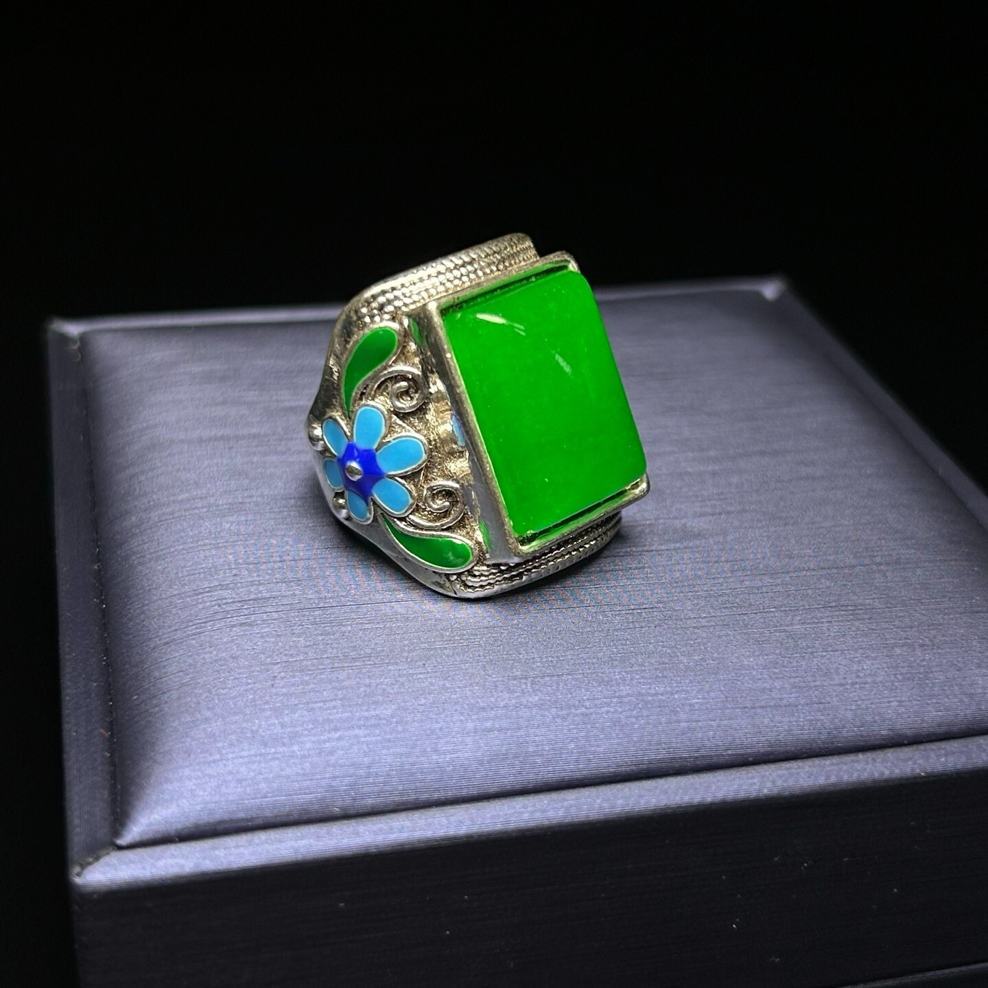 Certified Nature inlay ice green Burmese Jade Jadeite Amulet adjustable Rings