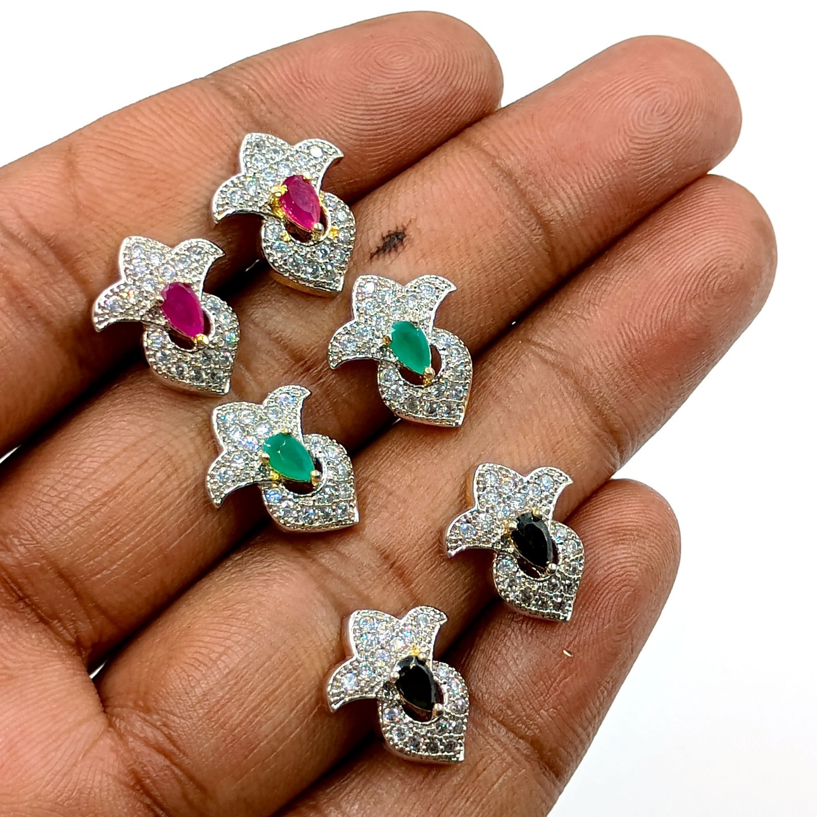 Gold Plated Stud Earrings Ruby Emerald Black Onyx CZ South Indian Wedding Style