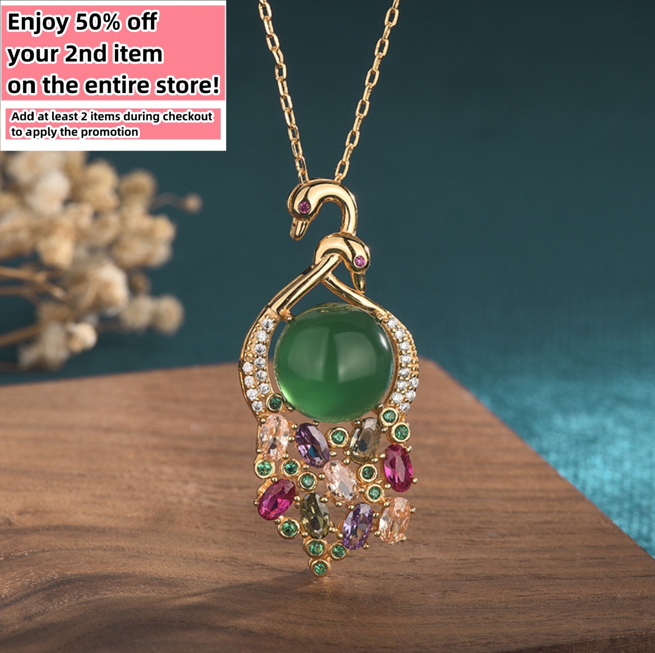 Jade Crystal Pendant Necklace Charm W/ 18K Gold Plated Chain Swan Lover Gemstone