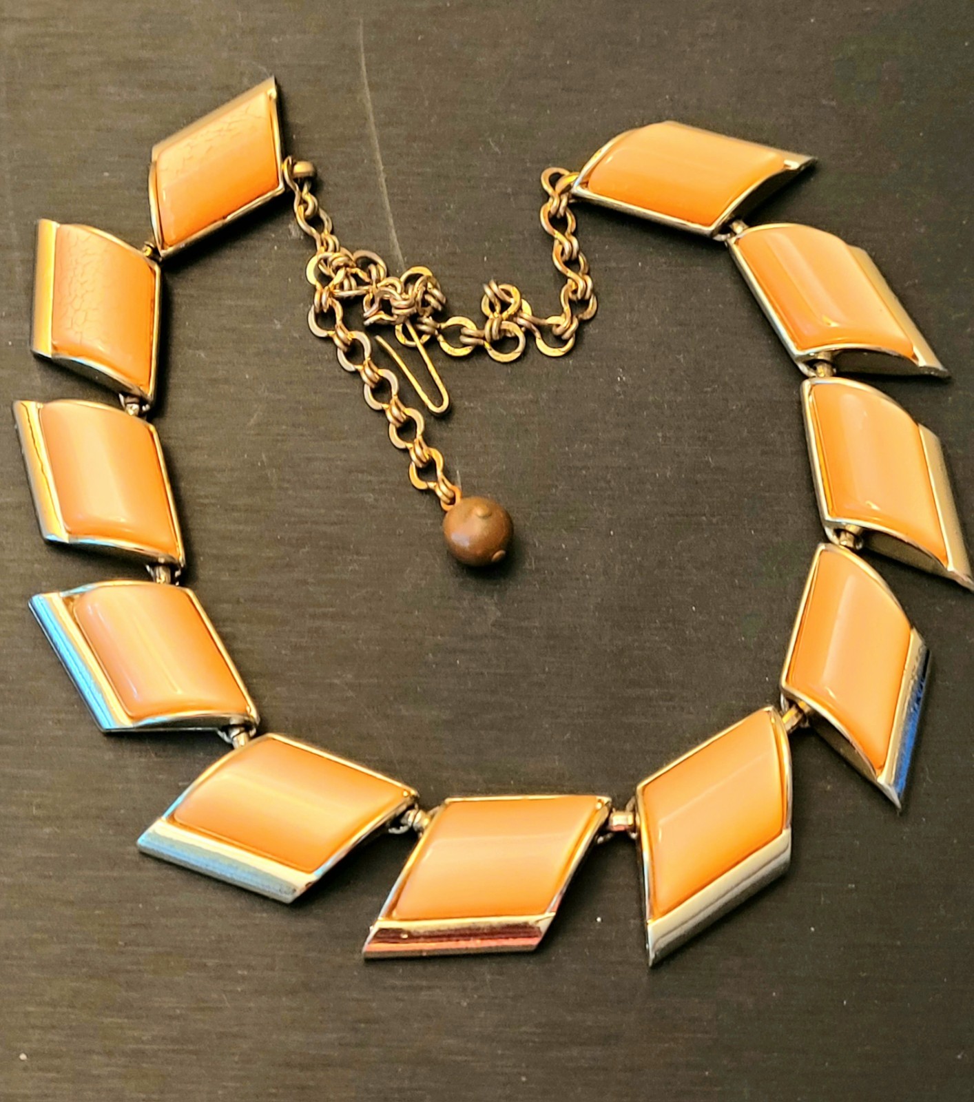 Vintage Charel Signed Gold/Beige Tone Geometric Oval Link Statement Necklace