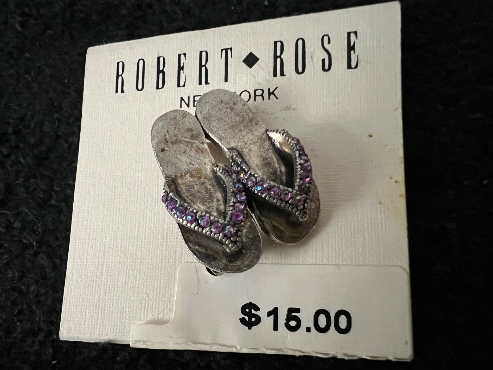 Vintage Robert Rose Brooch Pin FLIPFLOP SANDALS Purple Rhinestones 1″ NEW!