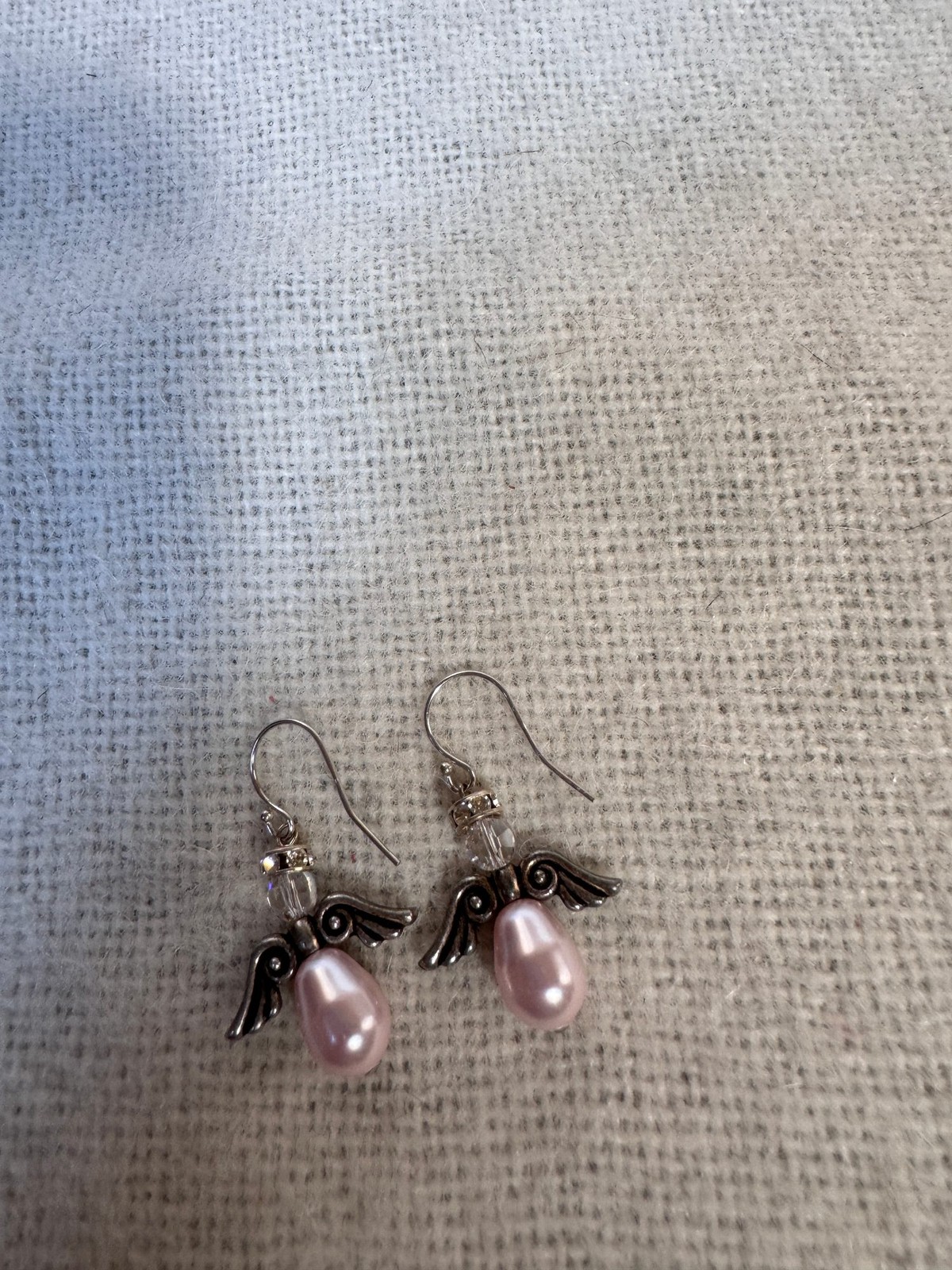 Handmade Pink Faux Pearl Guardian Angel Earrings Silver Tone Wings Faceted Bead