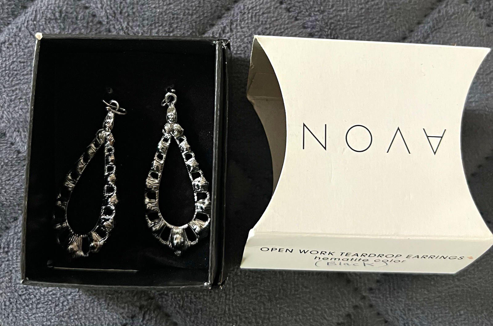 Avon Open Work Teardrop Dangle Earrings Black Metal Nickel-Free Hook