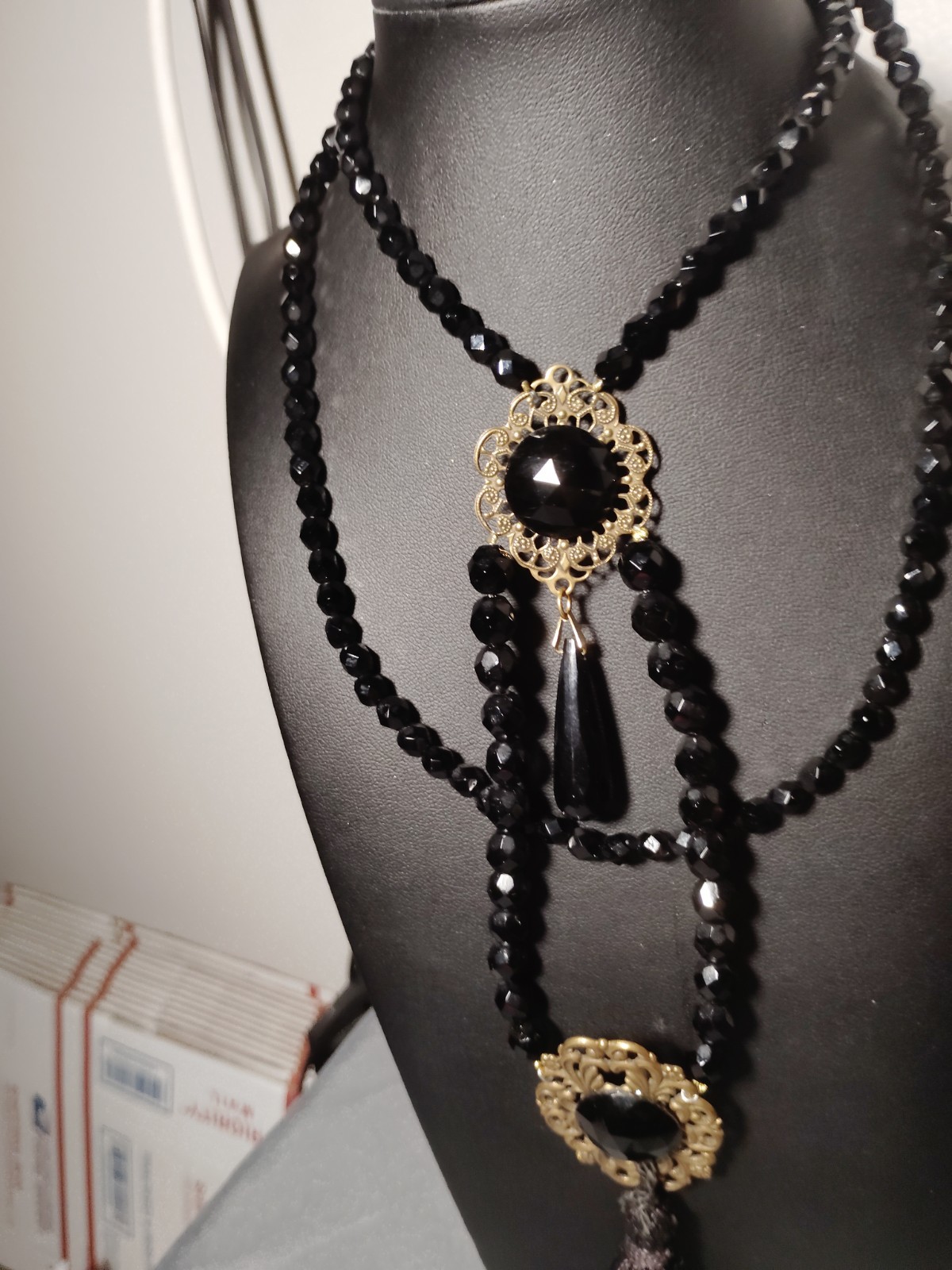 Victorian Revival Black Faceted Bead Multi Strand Tassel Necklace Gold Tone