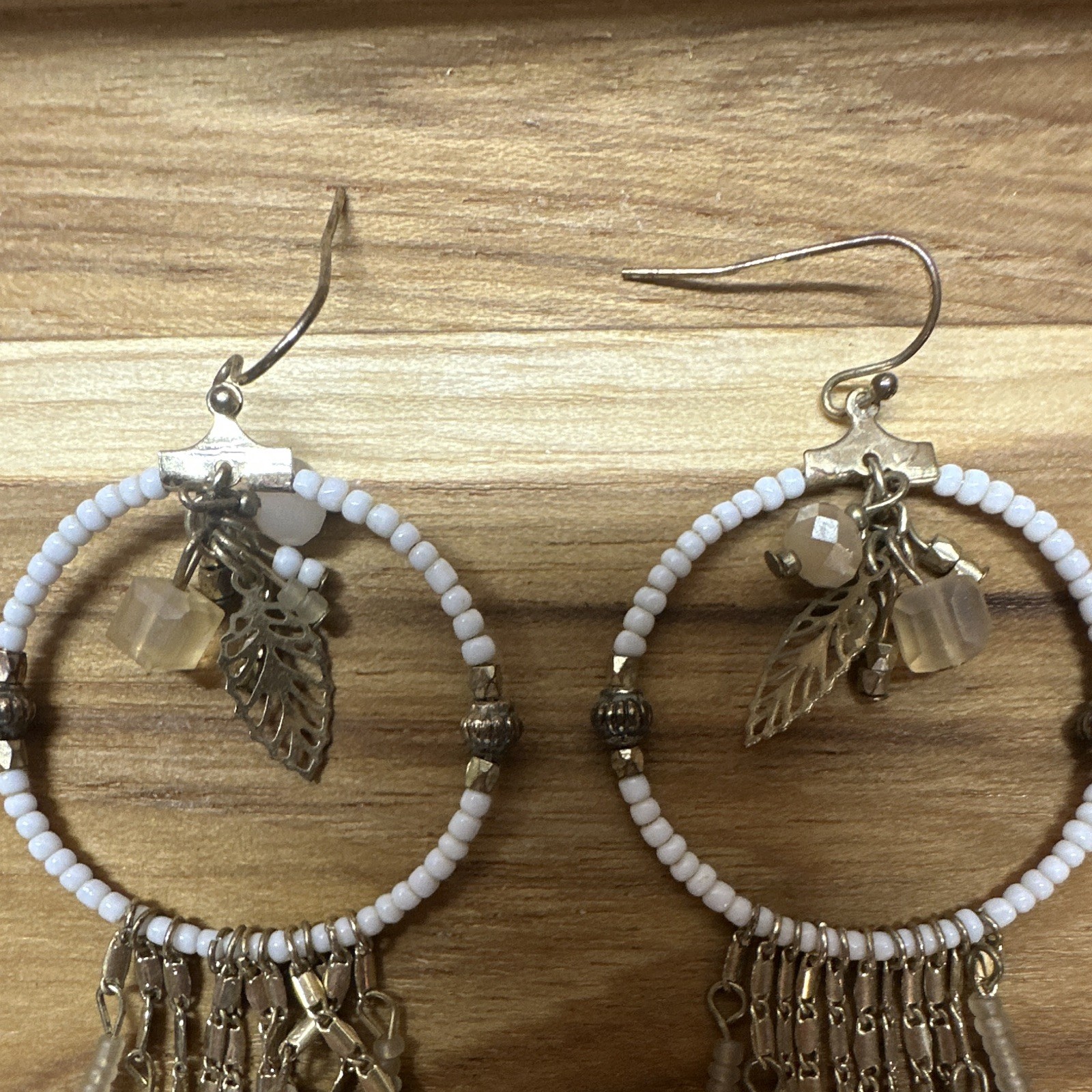 White Gold Beaded Hoop Dangle Earrings Leaf Charms Fringe Tassels Hook