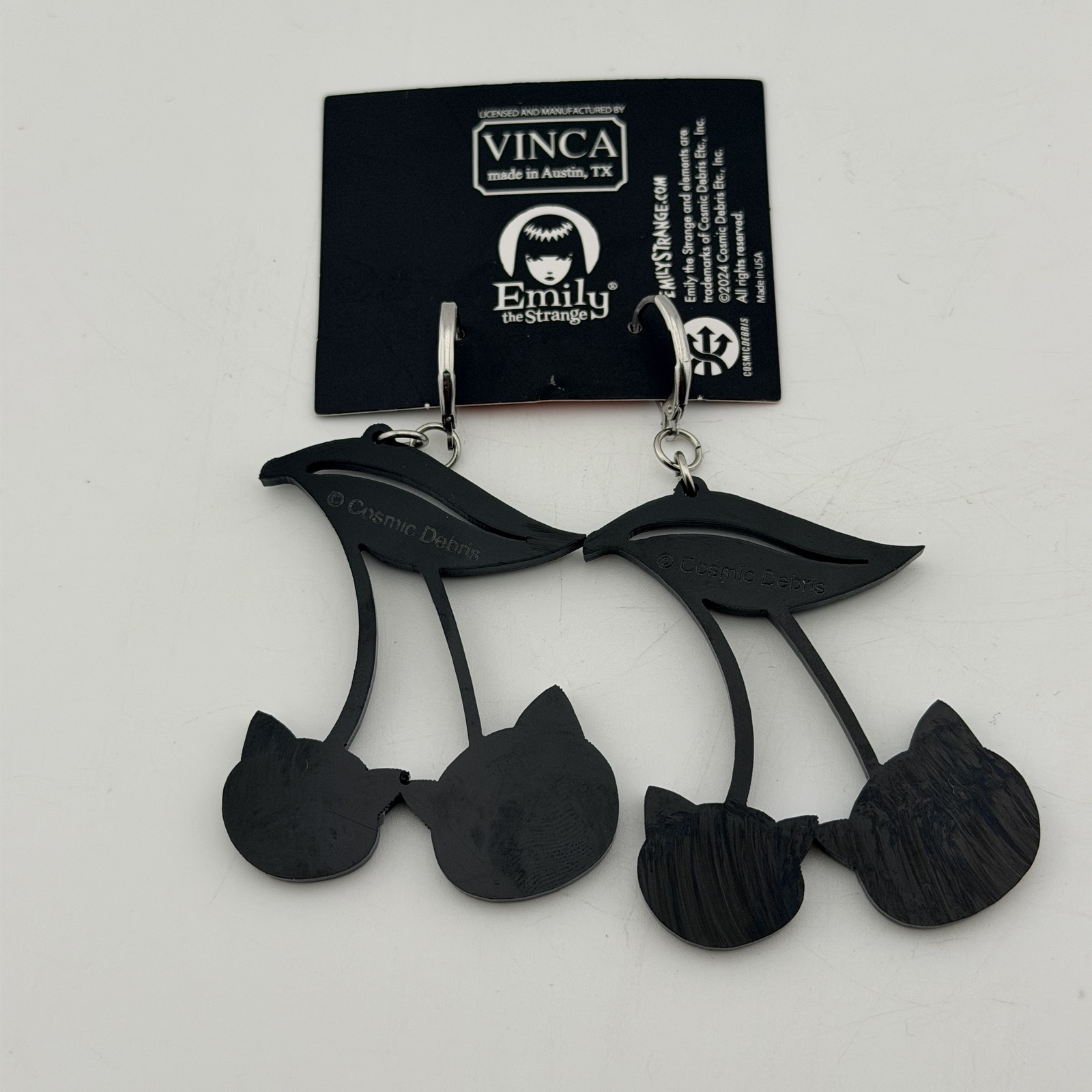 Emily the Strange Black Cat Cherry Dangle Earrings Gothic Alternative Fashion