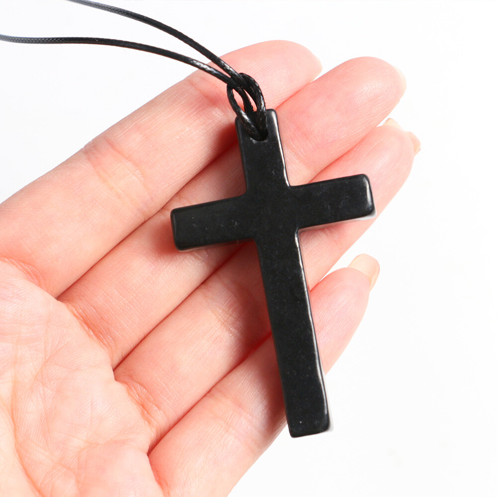 1pc Shungite Christian Cross Pendant Engraved Necklace EMF Protection & Healing
