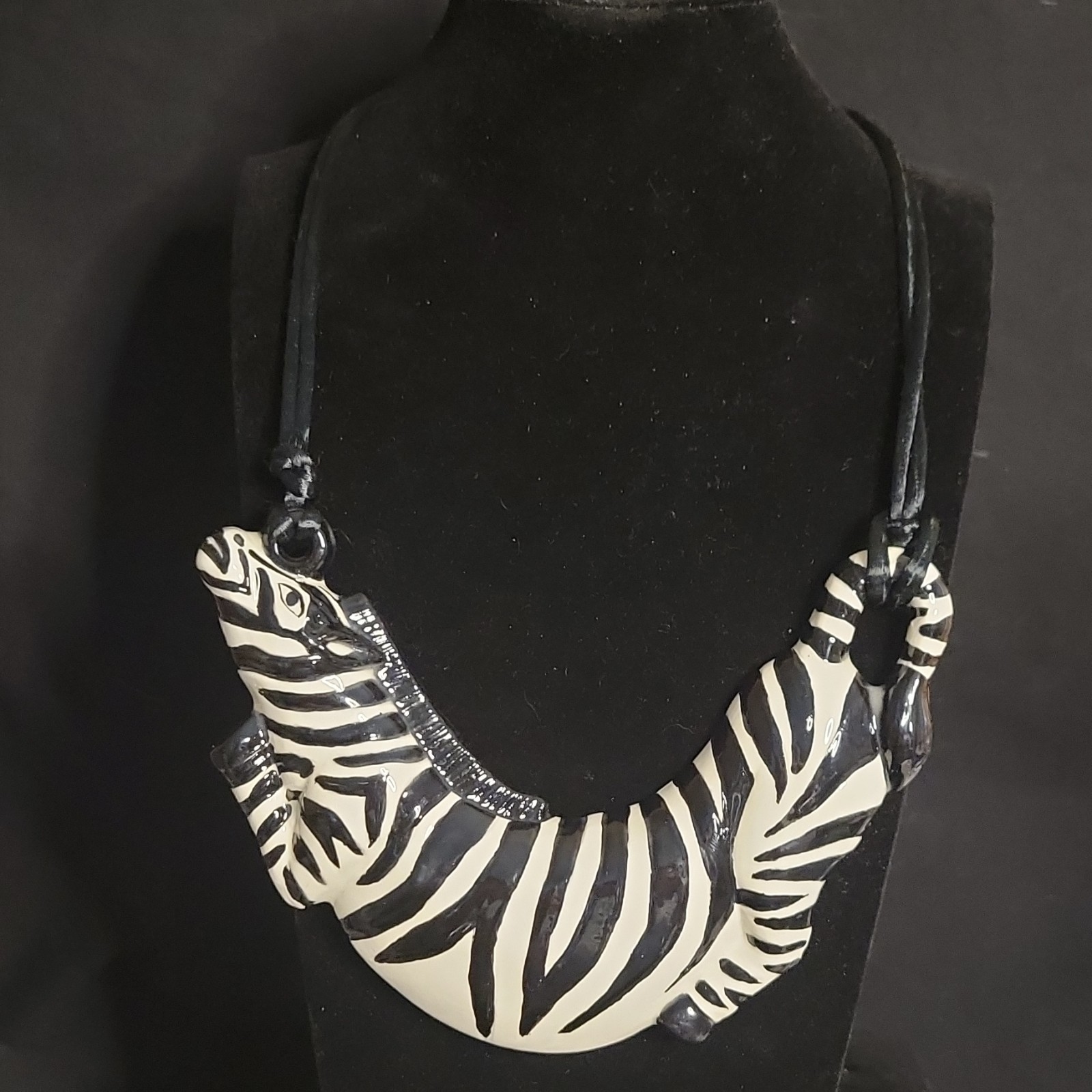 Black White Zebra Animal Charm Pendant Statement Necklace Adjustable Cord