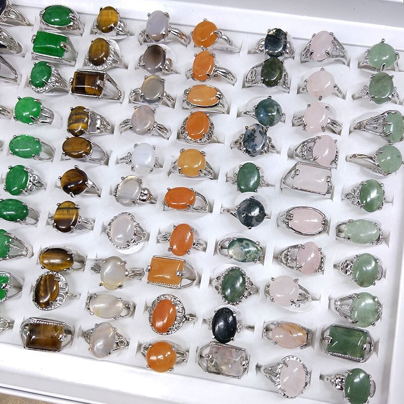 Wholesale 100Pcs Lot Mixed Ring Natural Stone Rings Women Gemstone Jewelry Bulk