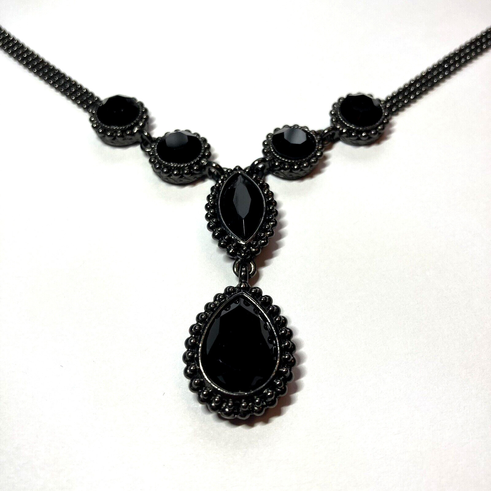 Dark Black Rhinestones Y Necklace 202S Beaded Chain 16-20in
