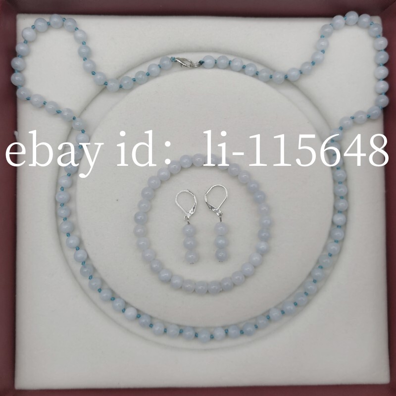 Beautiful 6mm Light Blue Aquamarine Bead Necklace Bracelet Earrings 24/7.5 ” Set