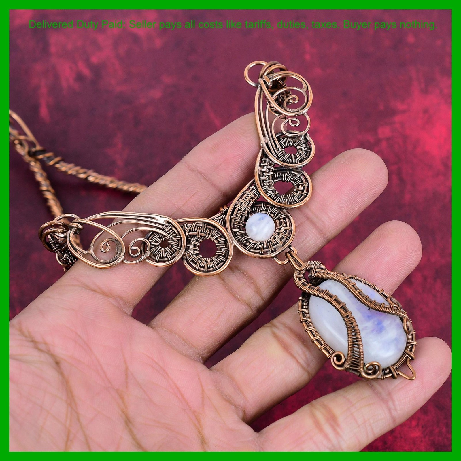 Copper Crown Chakra Rainbow Moonstone Stone Wire Wrapped Chain Necklace Jewelry