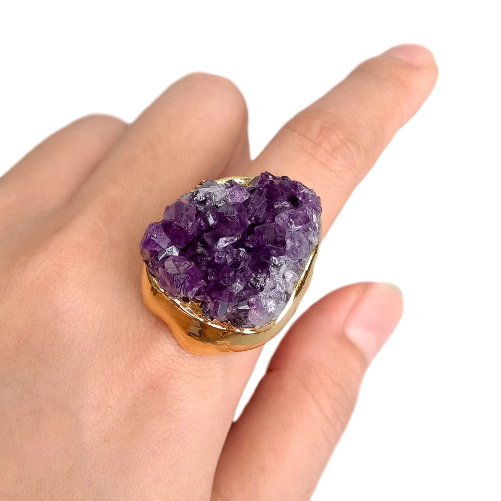 Natural Amethsyt Druzy Cluster Freedom Shape Gold Electroplated Ring Adjustable