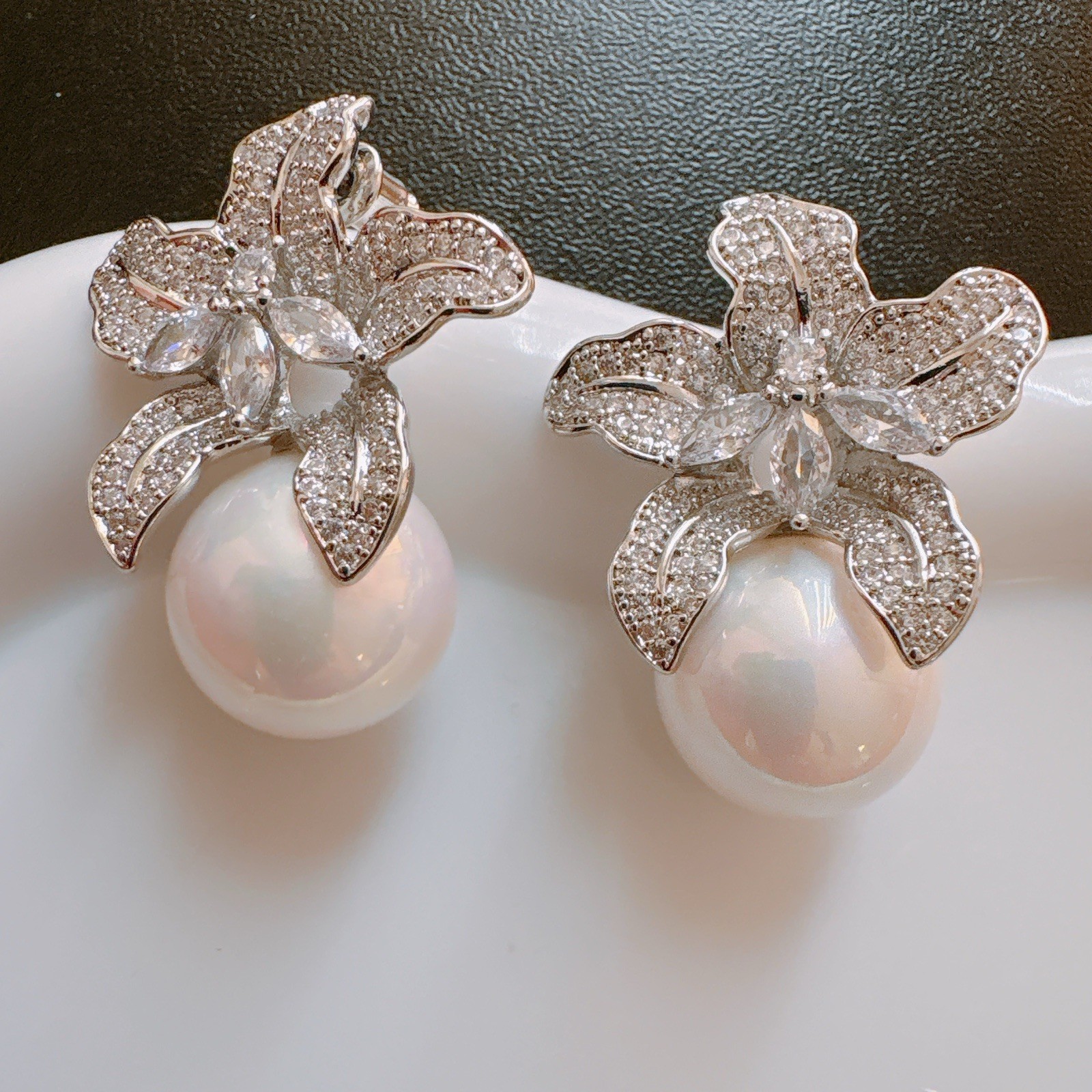 Lily Large Pearl Drop Earrings CZ Pave 925 Silver Needle Bridal Wedding Gift