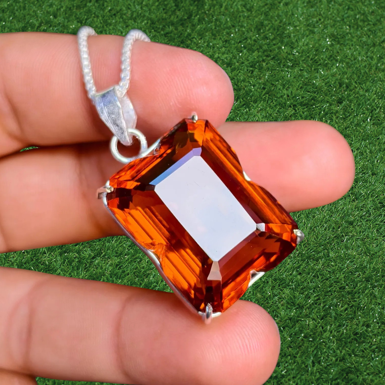 66+ Ct Brazilian Orange Topaz Emerald Cut German Silver Pendant Gemstone