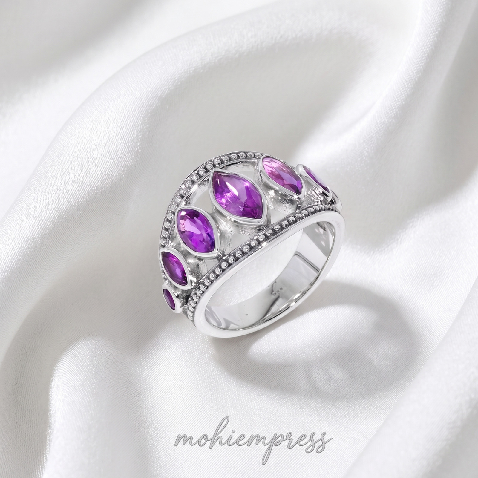 925 Sterling Silver Multi-Gemstone Marquise Statement Ring