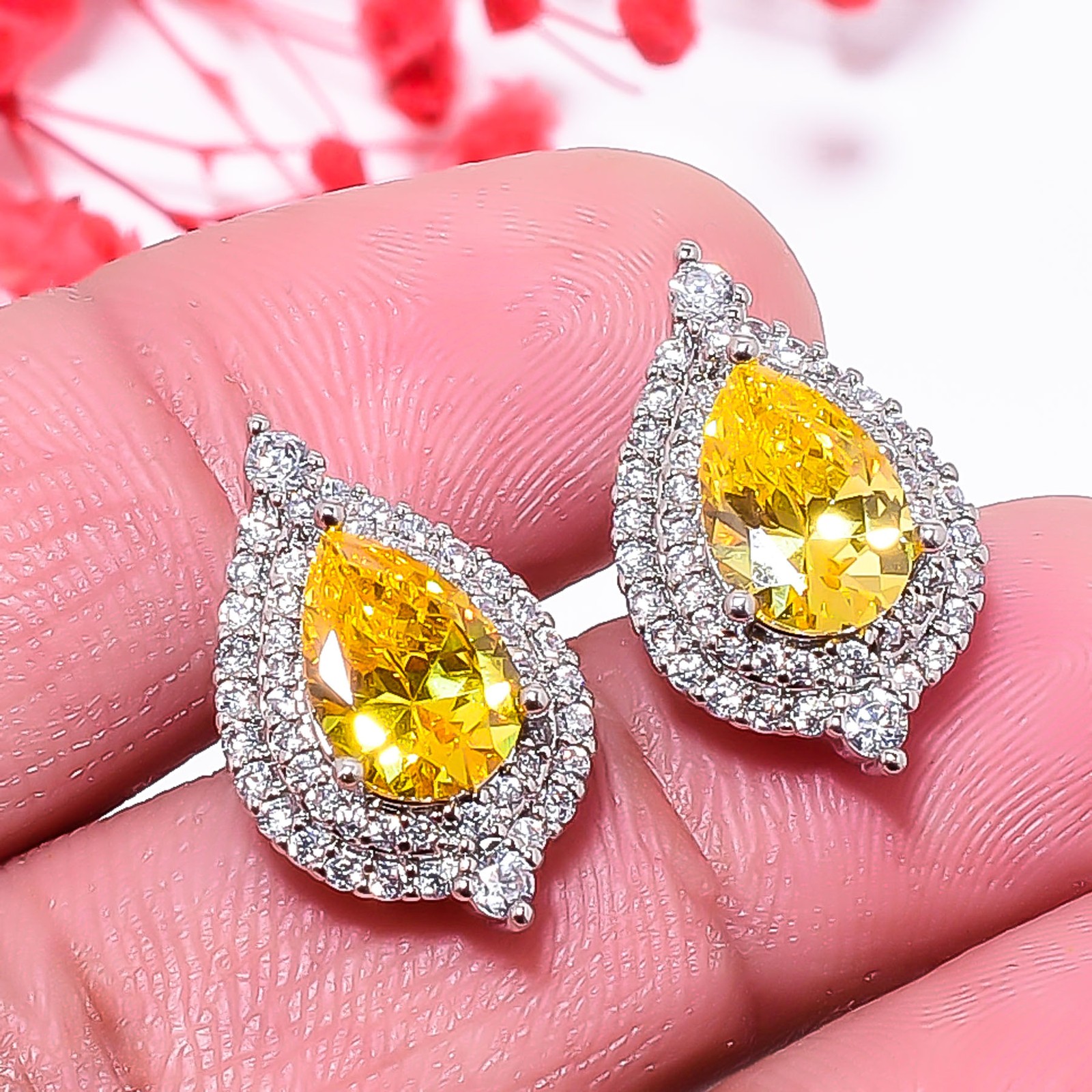 Citrine & Cz 925 Sterling Silver Floral Halo Drop Earring 0.75″ E15533