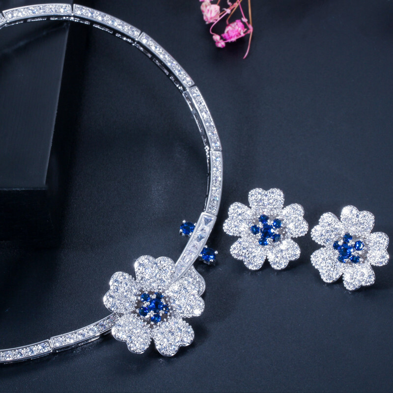 Silver Plated CZ Green Flower Choker Women Party Necklace Earrings Jewelry Set