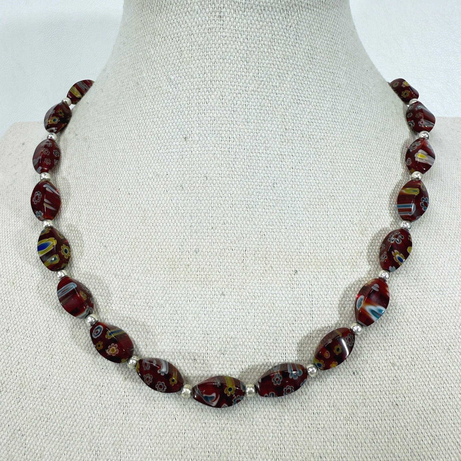 Murano Millefiori Glass Bead Necklace Red Floral Pop Artsy Boho