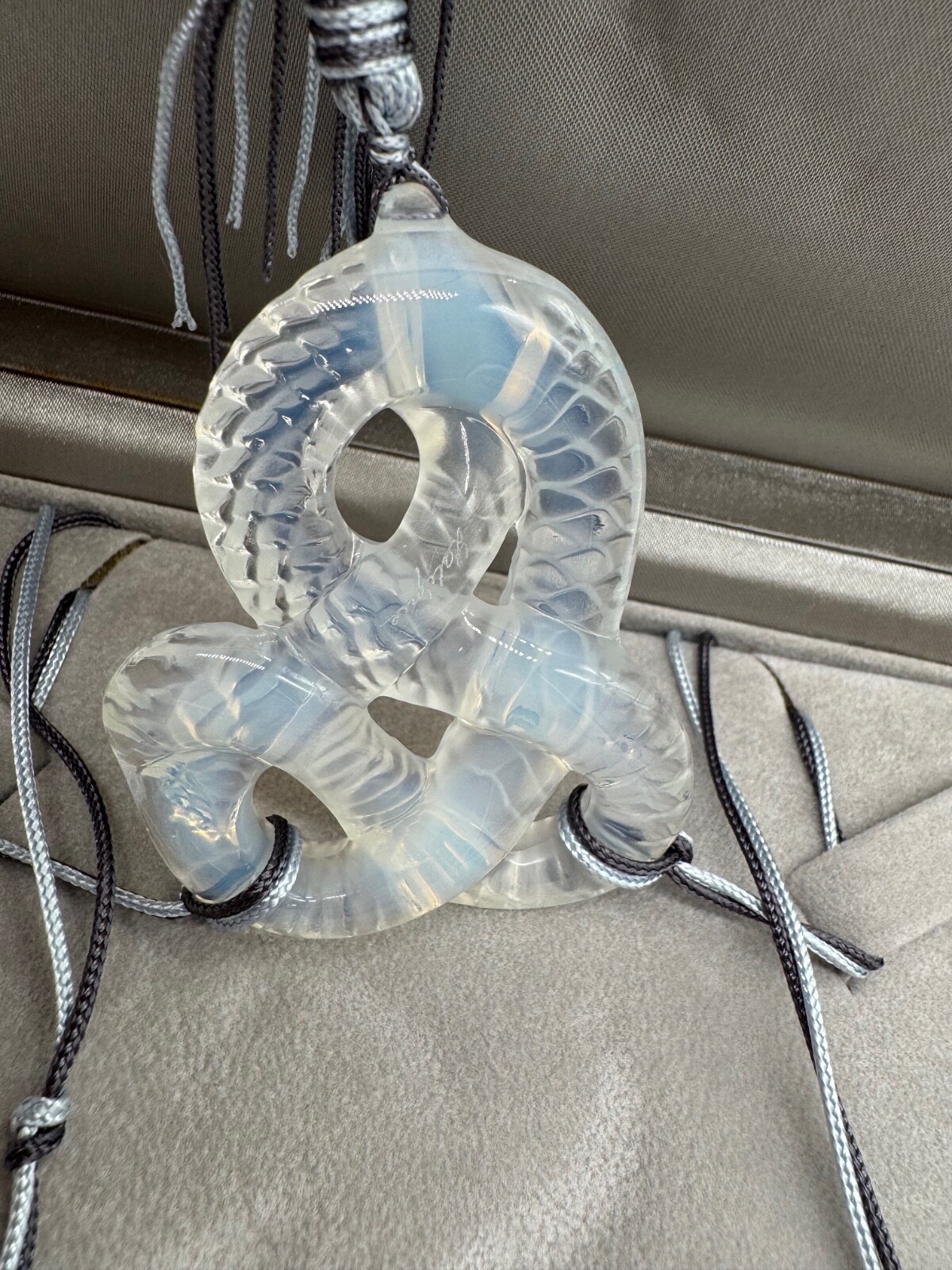 Lalique France Crystal Clear Snake Serpent Pendant Silk Cord Necklace w/ Box