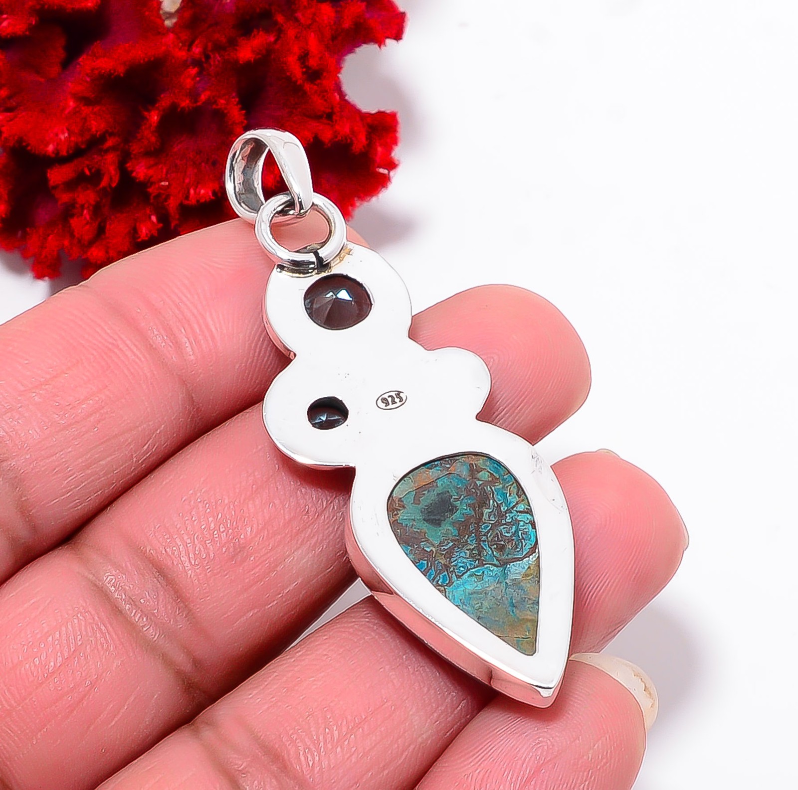 Chrysocolla – Madagascar & Blue Topaz 925 Sterling Silver Pendant 2.26″ P94318