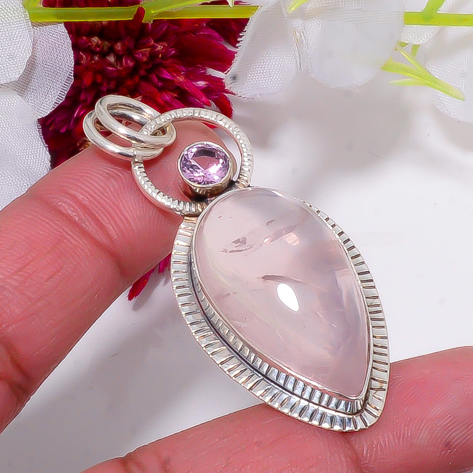 Pink Rose Quartz – Brazil & Pink Kunzite 925 Sterling Silver Pendant 2.26″ sku54