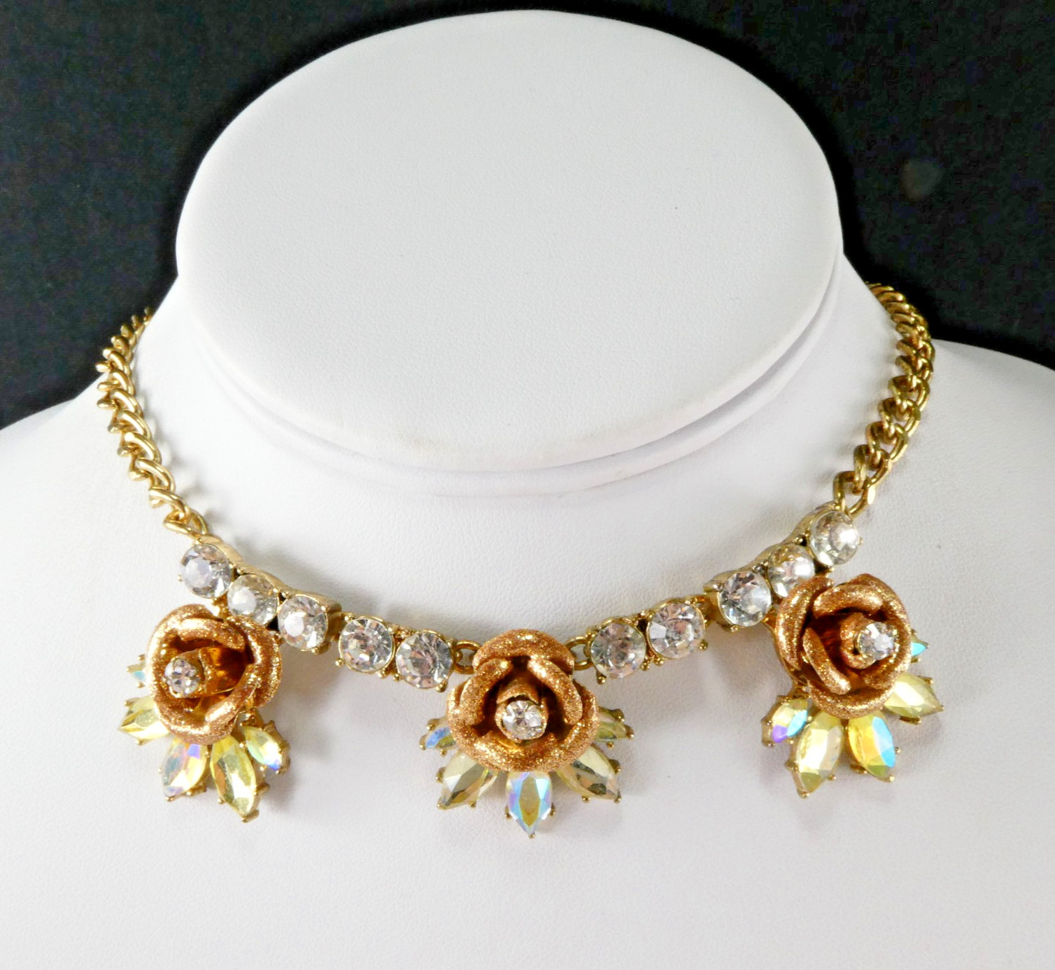 Betsey Johnson Rhinestone Flower Necklace 3 Roses Yellow Clear