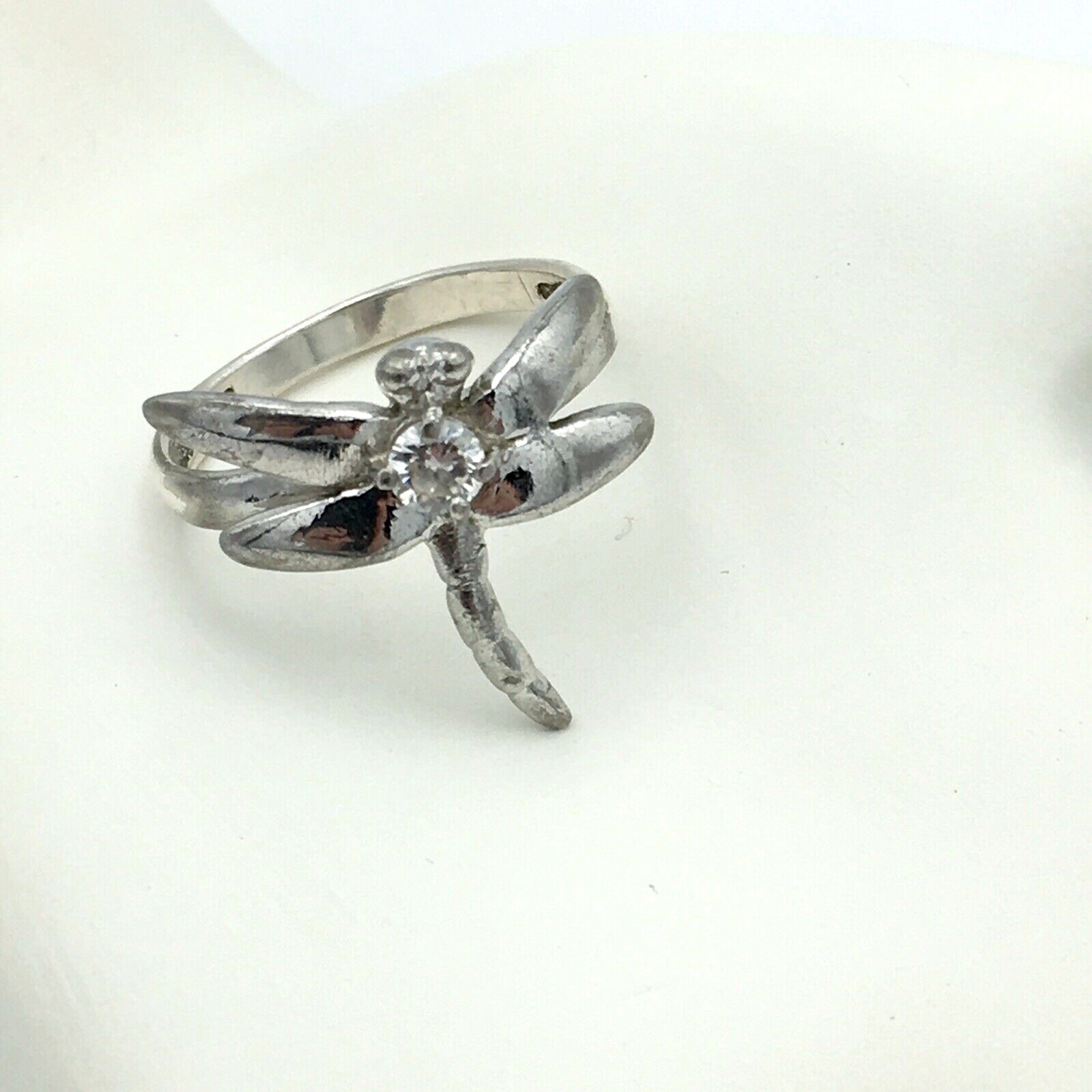DRAGONFLY ring sterling silver size 8.75 – clear glass rhinestone 925 insect bug
